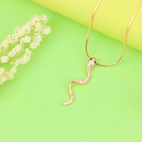 "Slim Rose Gold Snake Pendant with Crystal Detailing, XPPT1275 - Picture 2 of 13